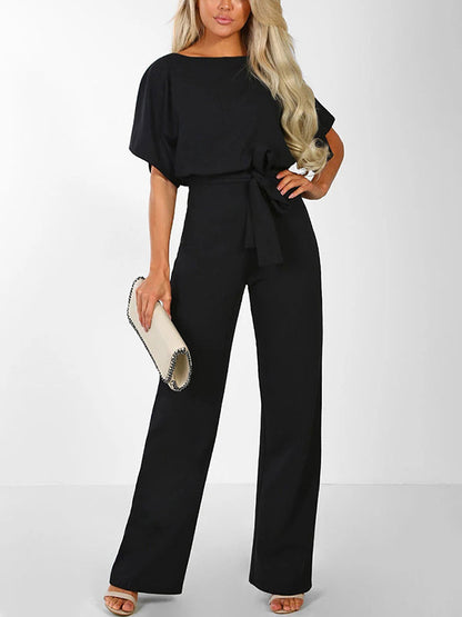Fließender Damen Jumpsuit – kurzer Ärmel, Rüschengürtel, aus Polyester, für elegante Anlässe 11