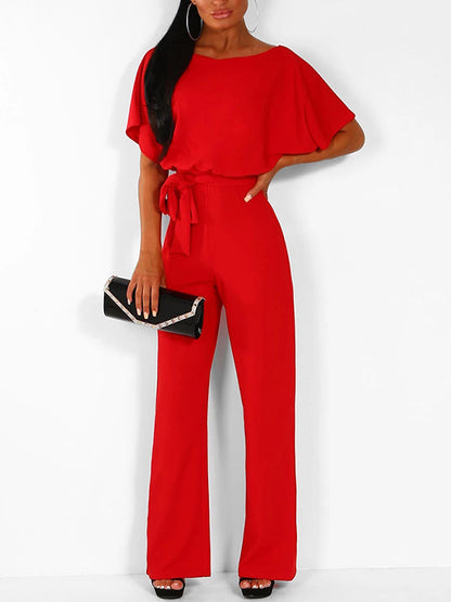 Fließender Damen Jumpsuit – kurzer Ärmel, Rüschengürtel, aus Polyester, für elegante Anlässe 13
