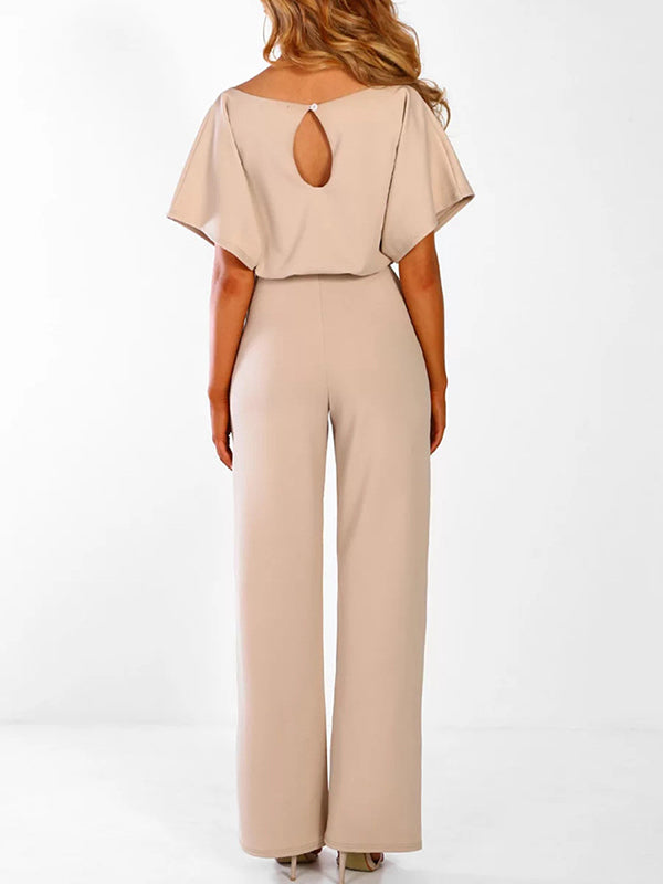 Fließender Damen Jumpsuit – kurzer Ärmel, Rüschengürtel, aus Polyester, für elegante Anlässe 2