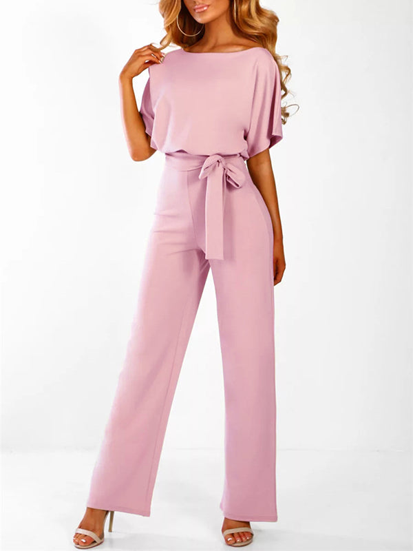 Fließender Damen Jumpsuit – kurzer Ärmel, Rüschengürtel, aus Polyester, für elegante Anlässe 4