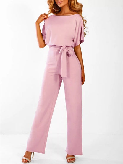 Fließender Damen Jumpsuit – kurzer Ärmel, Rüschengürtel, aus Polyester, für elegante Anlässe 4