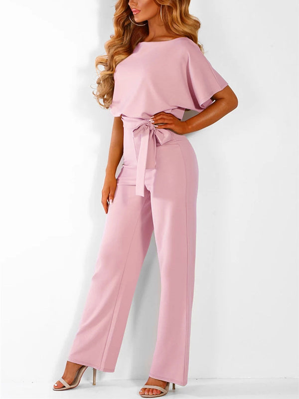 Fließender Damen Jumpsuit – kurzer Ärmel, Rüschengürtel, aus Polyester, für elegante Anlässe 5