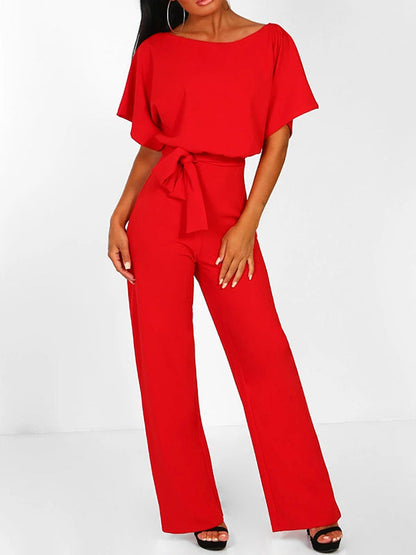 Fließender Damen Jumpsuit – kurzer Ärmel, Rüschengürtel, aus Polyester, für elegante Anlässe 7