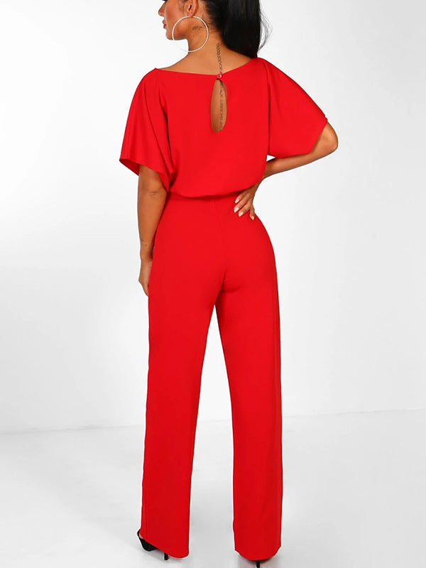 Fließender Damen Jumpsuit – kurzer Ärmel, Rüschengürtel, aus Polyester, für elegante Anlässe 8