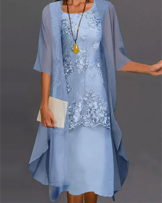 Fließendes Damen Kleid – knielang mit Spitze und Chiffon, ideal für Alltag und Urlaub 0
