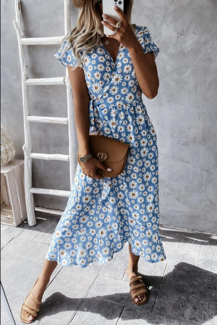 Fließendes Damen Midi-Kleid – Gänseblümchenmuster, leicht, für besondere Anlässe 0