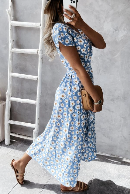 Fließendes Damen Midi-Kleid – Gänseblümchenmuster, leicht, für besondere Anlässe 1