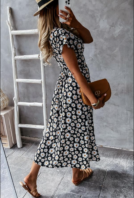 Fließendes Damen Midi-Kleid – Gänseblümchenmuster, leicht, für besondere Anlässe 2