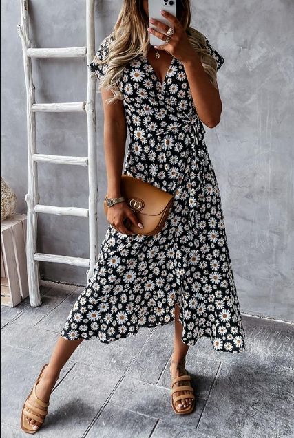Fließendes Damen Midi-Kleid – Gänseblümchenmuster, leicht, für besondere Anlässe 3