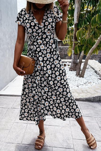 Fließendes Damen Midi-Kleid – Gänseblümchenmuster, leicht, für besondere Anlässe 4
