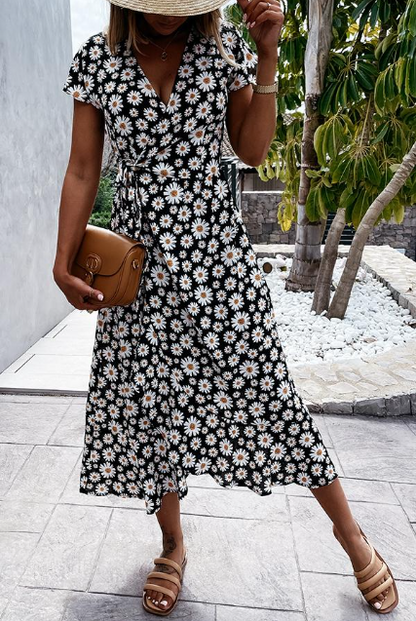 Fließendes Damen Midi-Kleid – Gänseblümchenmuster, leicht, für besondere Anlässe 4
