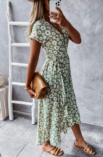 Fließendes Damen Midi-Kleid – Gänseblümchenmuster, leicht, für besondere Anlässe 5
