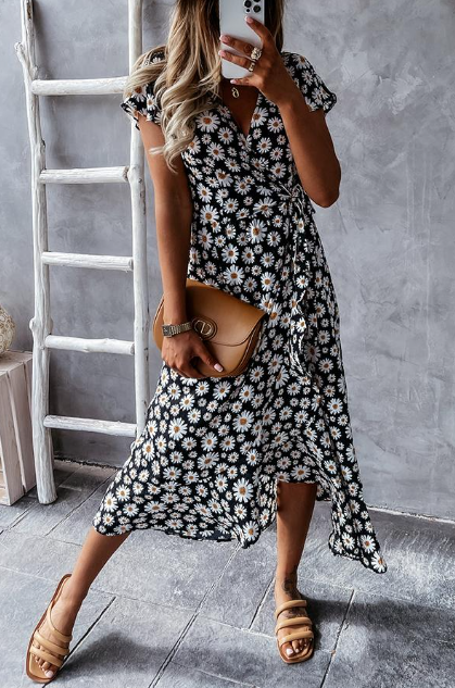 Fließendes Damen Midi-Kleid – Gänseblümchenmuster, leicht, für besondere Anlässe 6