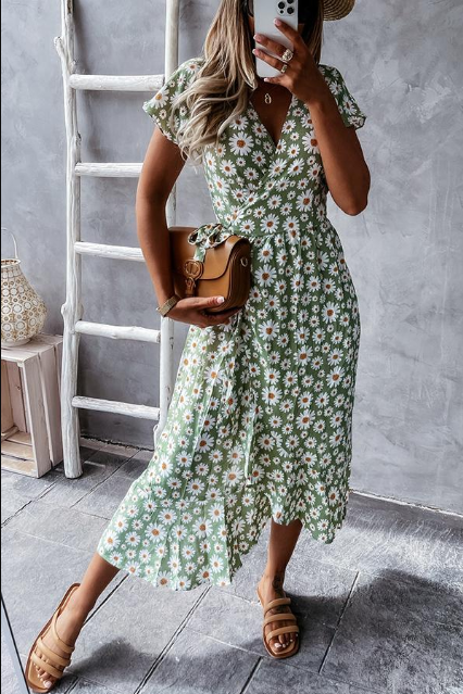 Fließendes Damen Midi-Kleid – Gänseblümchenmuster, leicht, für besondere Anlässe 7