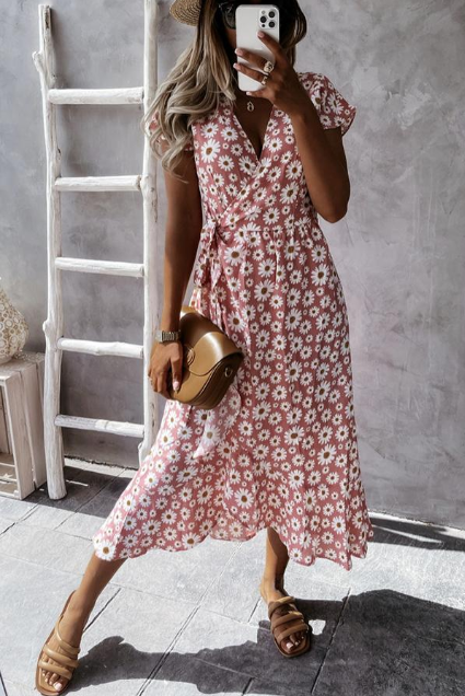 Fließendes Damen Midi-Kleid – Gänseblümchenmuster, leicht, für besondere Anlässe 8