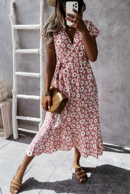Fließendes Damen Midi-Kleid – Gänseblümchenmuster, leicht, für besondere Anlässe 8