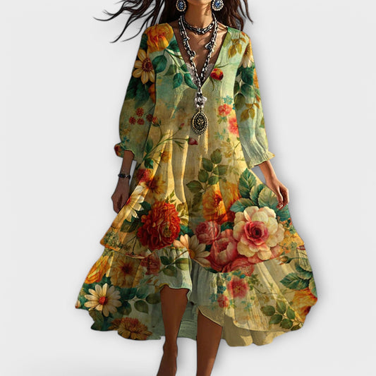 Fließendes Damen Sommerkleid – Vintage Boho Blumenmuster, atmungsaktiv, für Freizeit 0