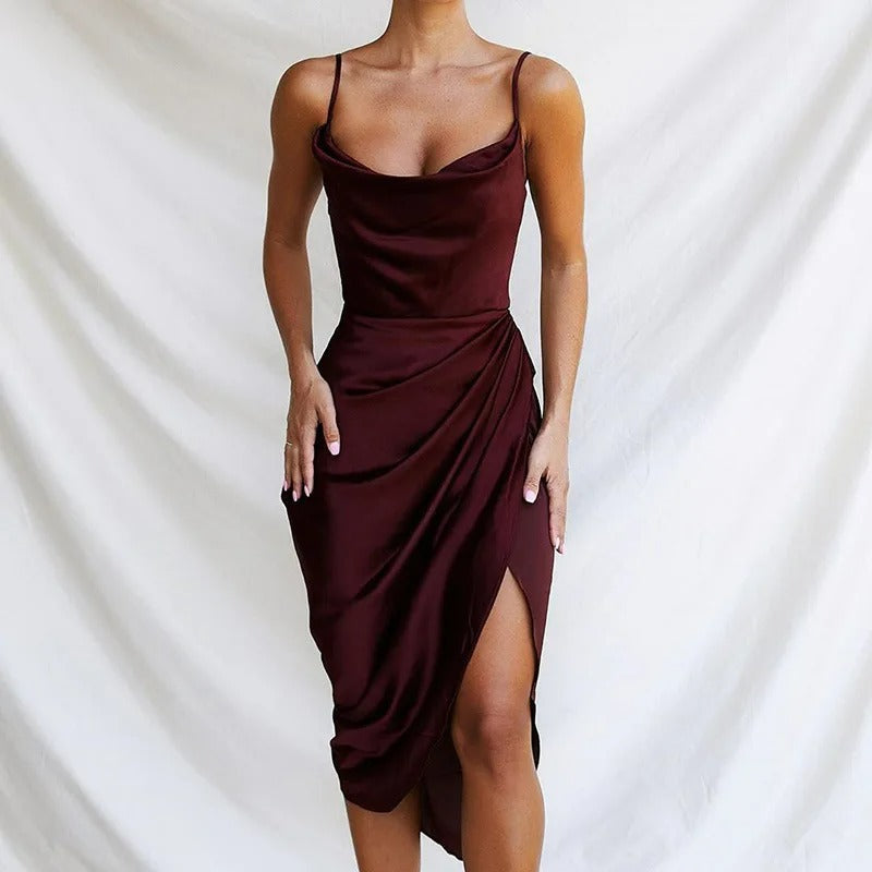 Fließendes Damenkleid aus Satin – schmale Träger, Volants, für festliche Anlässe oder Hochzeiten 12
