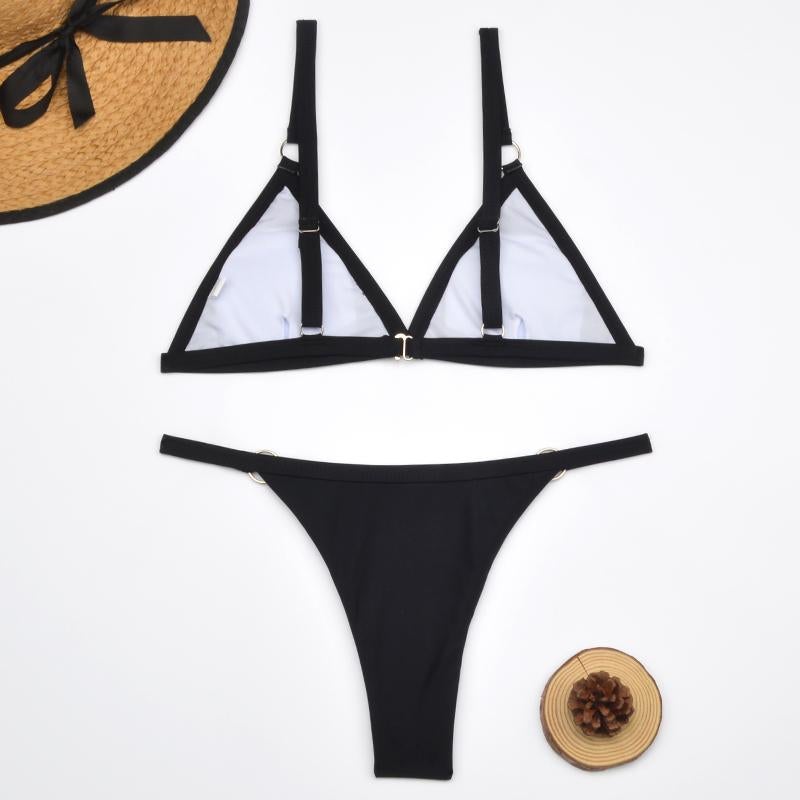 Glamouröser Damen Bikini – Triangel-Schnitt mit goldfarbenen Metallringen, hochwertiger Stoff, für Strand und Pool 4