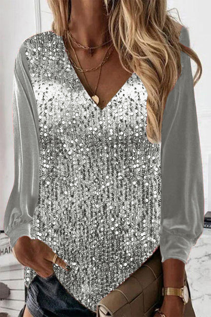 Glitzernde Damenbluse – V-Ausschnitt, leichtes Material, für festliche Anlässe 1