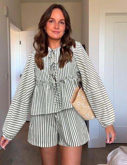 Variant image for Damen Loungewear Set Mit Kariertem Design, Hohe Taillenshorts Und Langen Puffärmeln Für Den Sommer-6