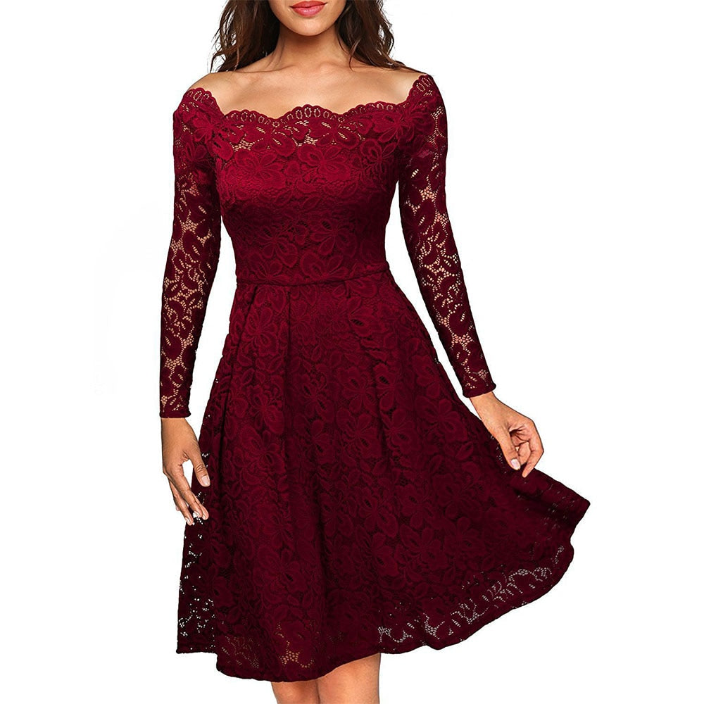 Variant image for Elegantes Off-Shoulder-Spitzenkleid Für Damen - Festliche Kleider Für Hochzeiten Und Cocktailpartys, Vintage Blumenformell-25