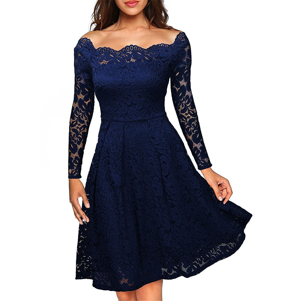 Variant image for Elegantes Off-Shoulder-Spitzenkleid Für Damen - Festliche Kleider Für Hochzeiten Und Cocktailpartys, Vintage Blumenformell-13