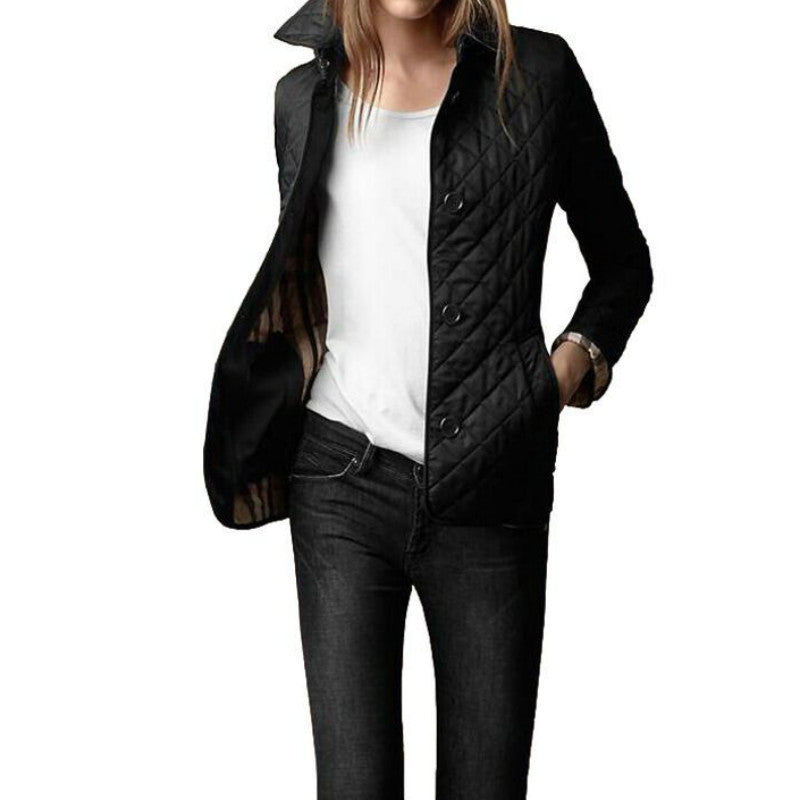 Women’s Diamond Quilted Bomber Jacket Chic Button-Up with Foldable Cuffs