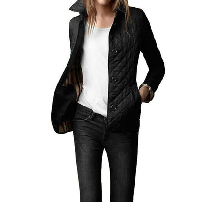 Women’s Diamond Quilted Bomber Jacket Chic Button-Up with Foldable Cuffs