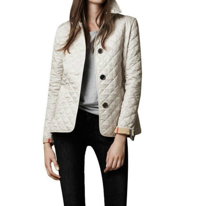 Women’s Diamond Quilted Bomber Jacket Chic Button-Up with Foldable Cuffs