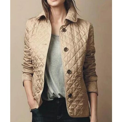 Women’s Diamond Quilted Bomber Jacket Chic Button-Up with Foldable Cuffs