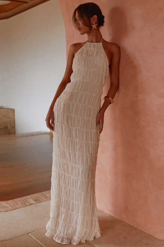 Ätherisches Halfter-Maxikleid – Elegantes Maxikleid für Damen mit Plissierten Schichten für Sommer und Festliche Anlässe