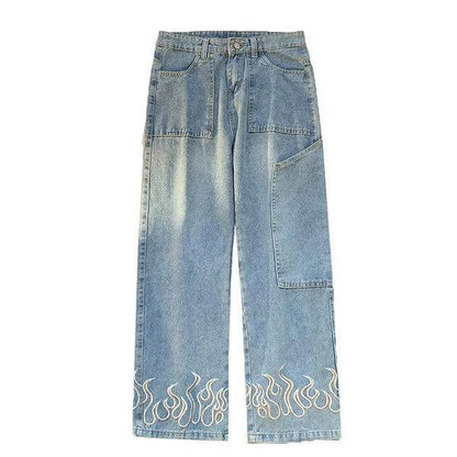 Flammendruckjeans Für Männer Und Frauen, Stilvolle Jeans Mit Kühnen Flammendesigns-1