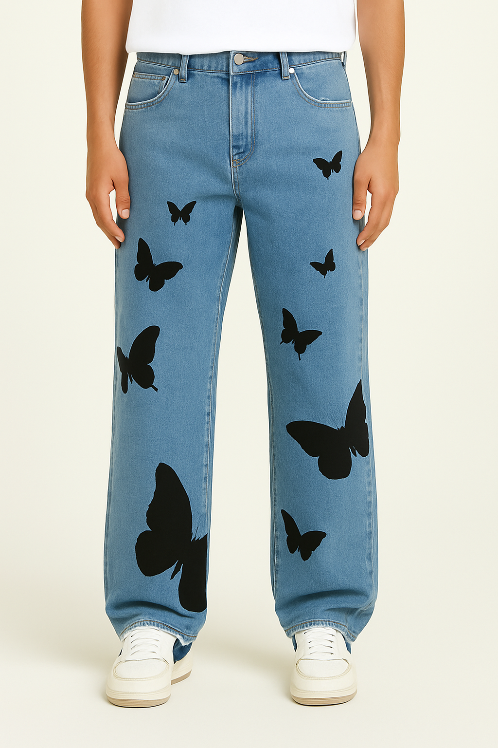 Schmetterlings-Stickerei Weitbein-Jeans Damen, Mittlere Taille, Bequeme Passform, Auffälliges Design-3