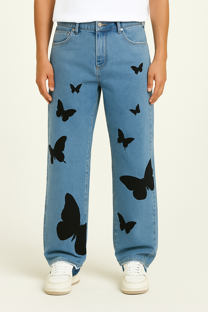 Schmetterlings-Stickerei Weitbein-Jeans Damen, Mittlere Taille, Bequeme Passform, Auffälliges Design-3