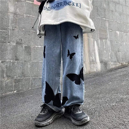Schmetterlings-Stickerei Weitbein-Jeans Damen, Mittlere Taille, Bequeme Passform, Auffälliges Design-4