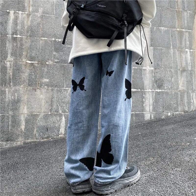 Schmetterlings-Stickerei Weitbein-Jeans Damen, Mittlere Taille, Bequeme Passform, Auffälliges Design-5