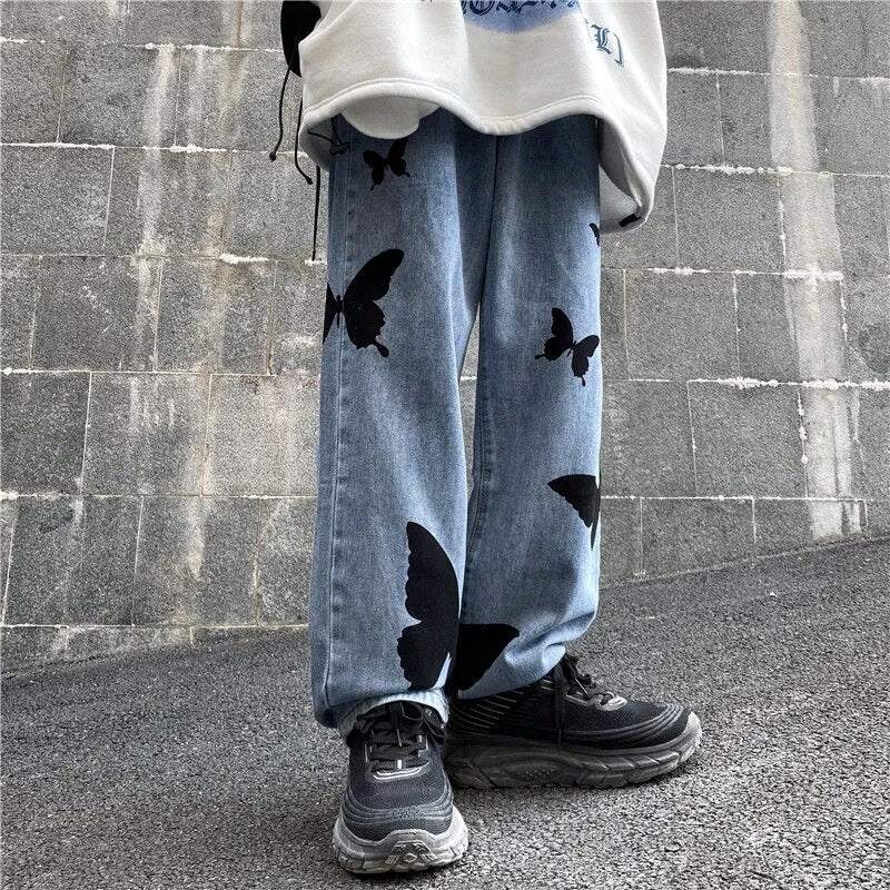 Schmetterlings-Stickerei Weitbein-Jeans Damen, Mittlere Taille, Bequeme Passform, Auffälliges Design-6