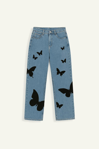Schmetterlings-Stickerei Weitbein-Jeans Damen, Mittlere Taille, Bequeme Passform, Auffälliges Design-1