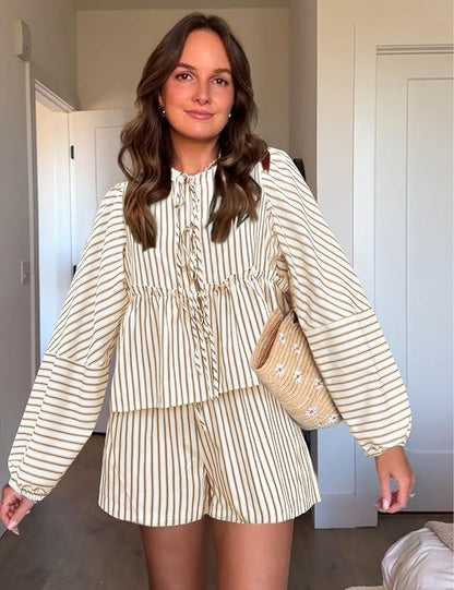 Damen Loungewear Set Mit Kariertem Design, Hohe Taillenshorts Und Langen Puffärmeln Für Den Sommer 2