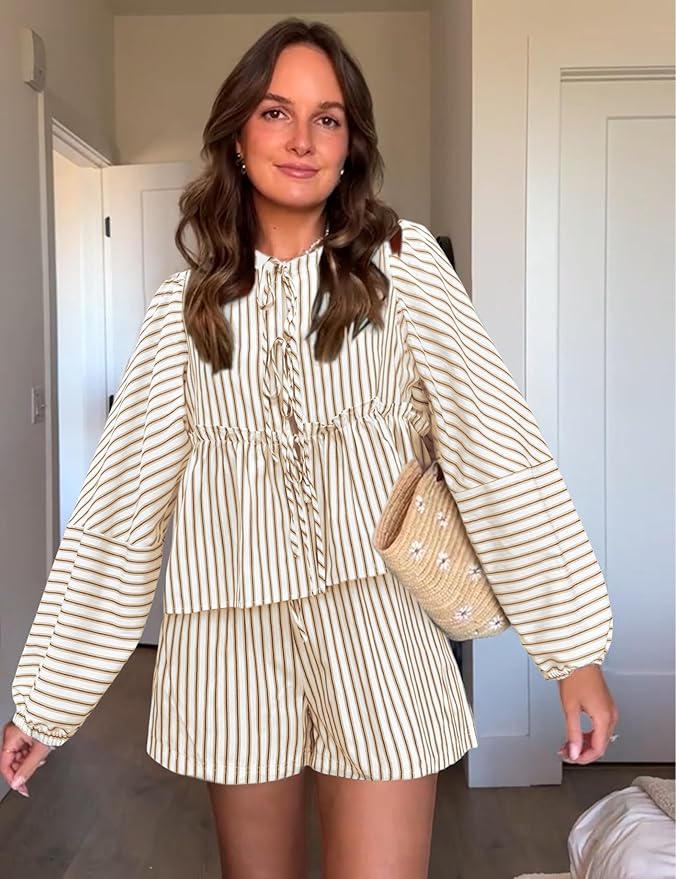Damen Loungewear Set Mit Kariertem Design, Hohe Taillenshorts Und Langen Puffärmeln Für Den Sommer 1