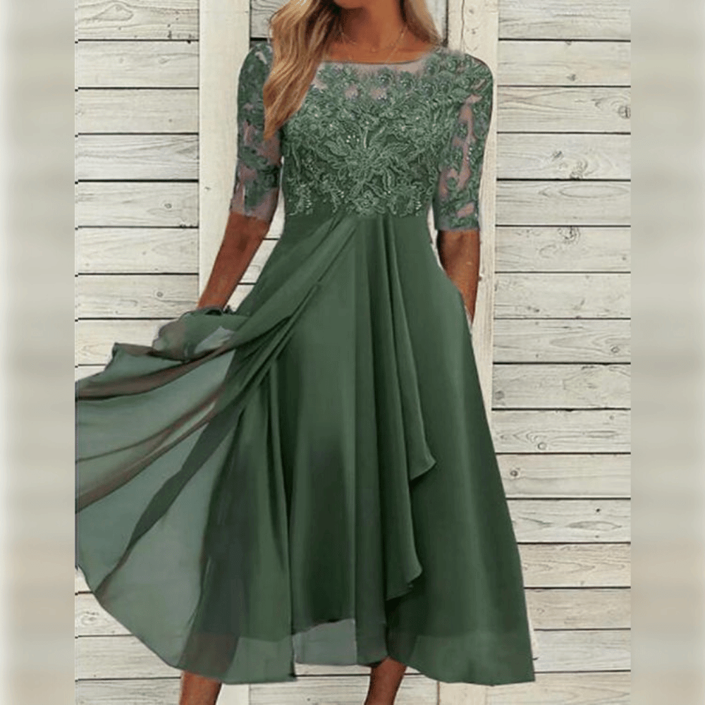 Variant image for Elegantes Damenkleid Mit Mittlerer Länge, Gesticktes Kleid Hochzeitsgast Mit Kurzen Ärmeln Für Festliche Anlässe-9