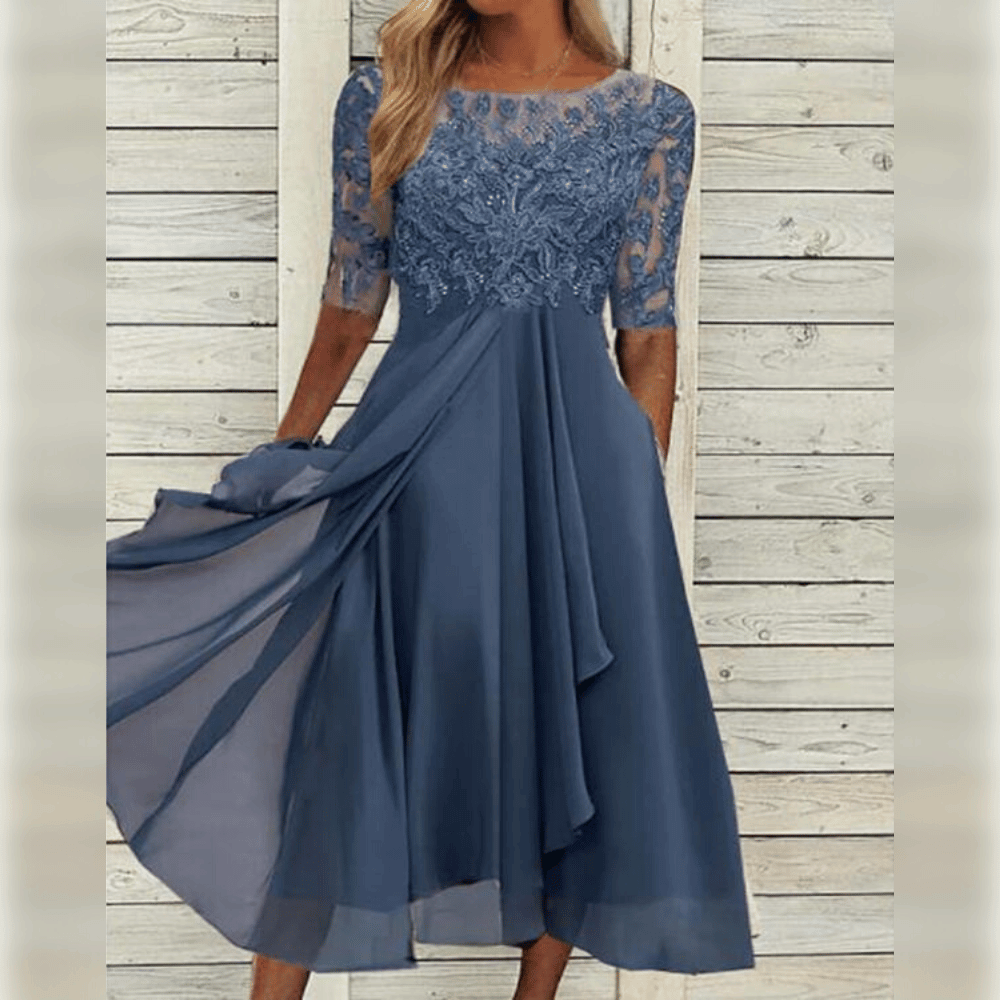 Variant image for Elegantes Damenkleid Mit Mittlerer Länge, Gesticktes Kleid Hochzeitsgast Mit Kurzen Ärmeln Für Festliche Anlässe-1