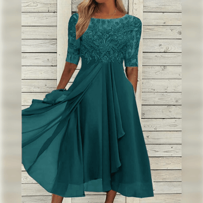 Elegantes Damenkleid Mit Mittlerer Länge, Gesticktes Kleid Hochzeitsgast Mit Kurzen Ärmeln Für Festliche Anlässe