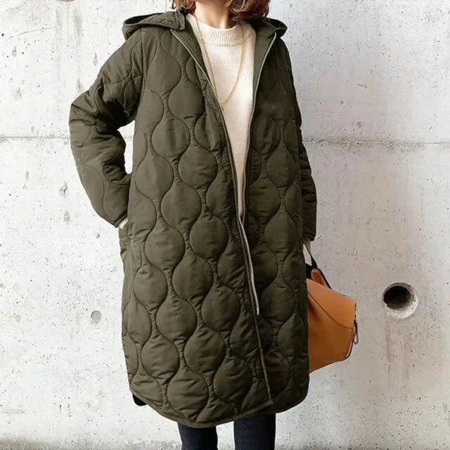 Women’s Long Quilted Coat with Hood Stylish Full-Zip Design