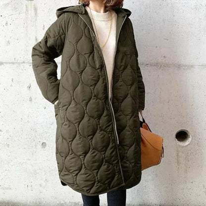 Women’s Long Quilted Coat with Hood Stylish Full-Zip Design