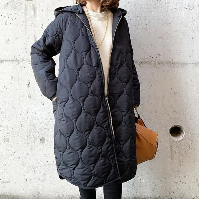 Women’s Long Quilted Coat with Hood Stylish Full-Zip Design
