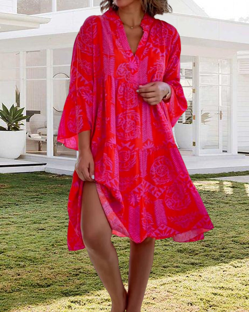Lässiges Damenkleid – geometrischer Boho-Print, Baumwollmischung, für Alltag 2