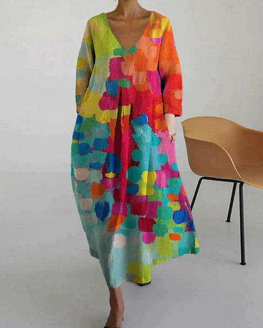 Lebhaftes Damenkleid mit V-Ausschnitt – fließendes Design, Baumwolle, für besondere Anlässe 0