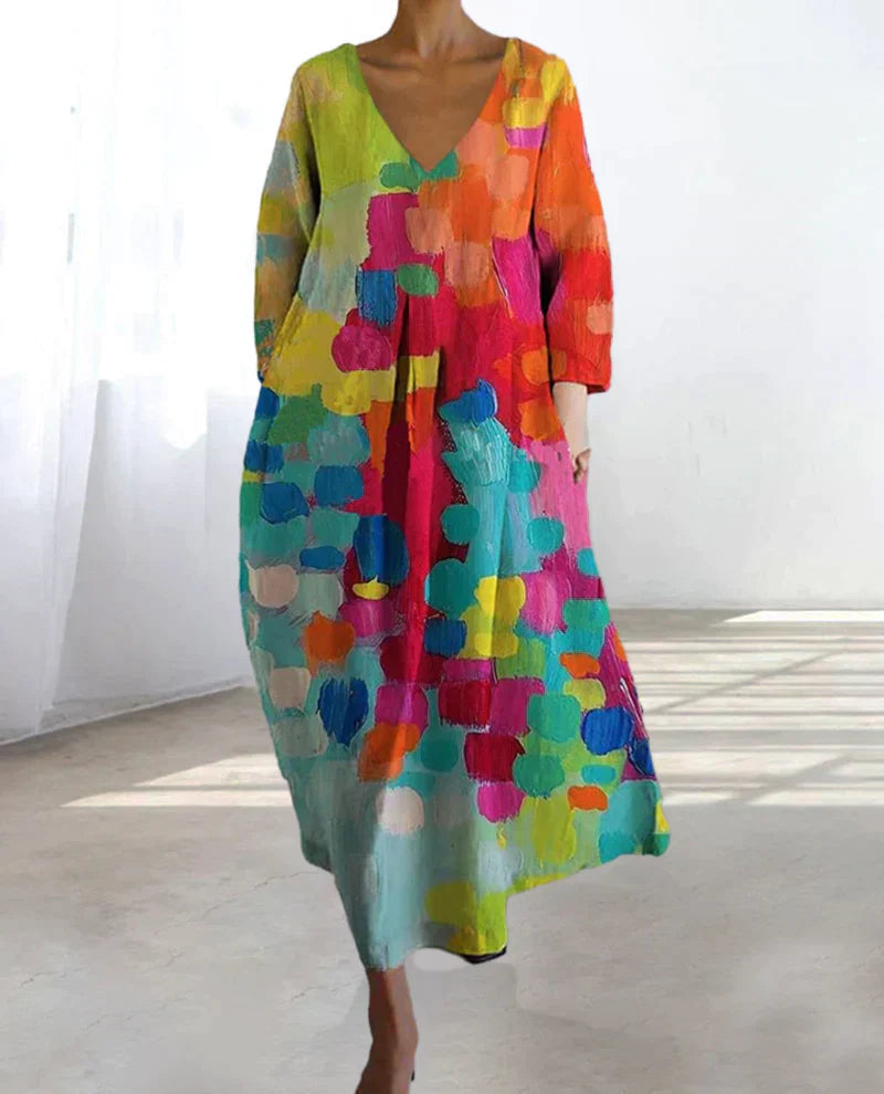 Lebhaftes Damenkleid mit V-Ausschnitt – fließendes Design, Baumwolle, für besondere Anlässe 2